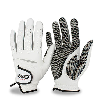 White golf glove with black textured palm and Gog Golf logo on a white background