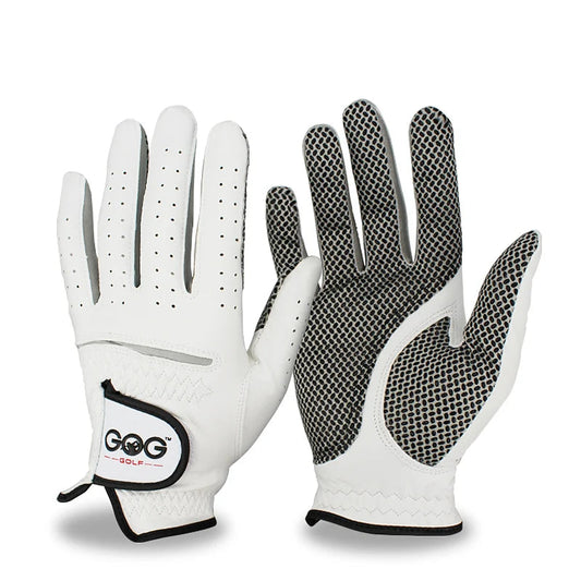 White golf glove with black textured palm and Gog Golf logo on a white background