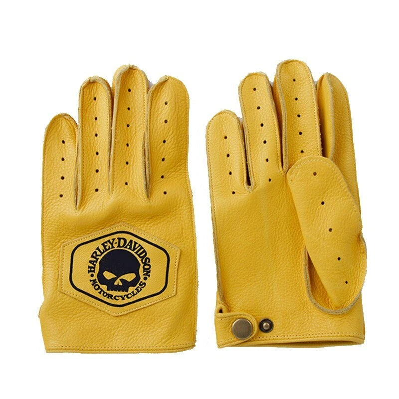 HD Skull Logo Yellow Full Finger Vintage Motorcycle Gloves by RiderOut