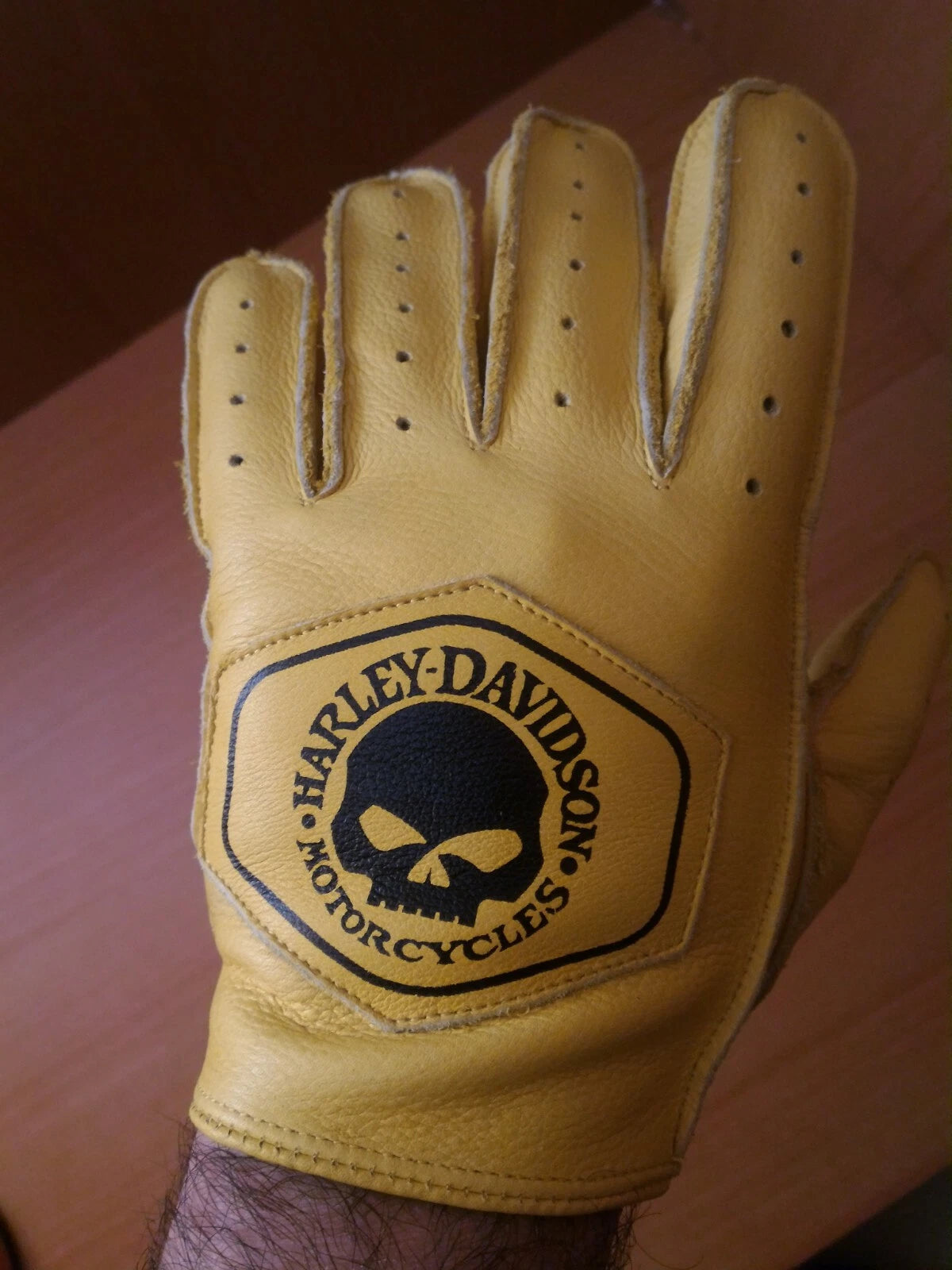 HD Skull Logo Yellow Full Finger Vintage Motorcycle Gloves by RiderOut